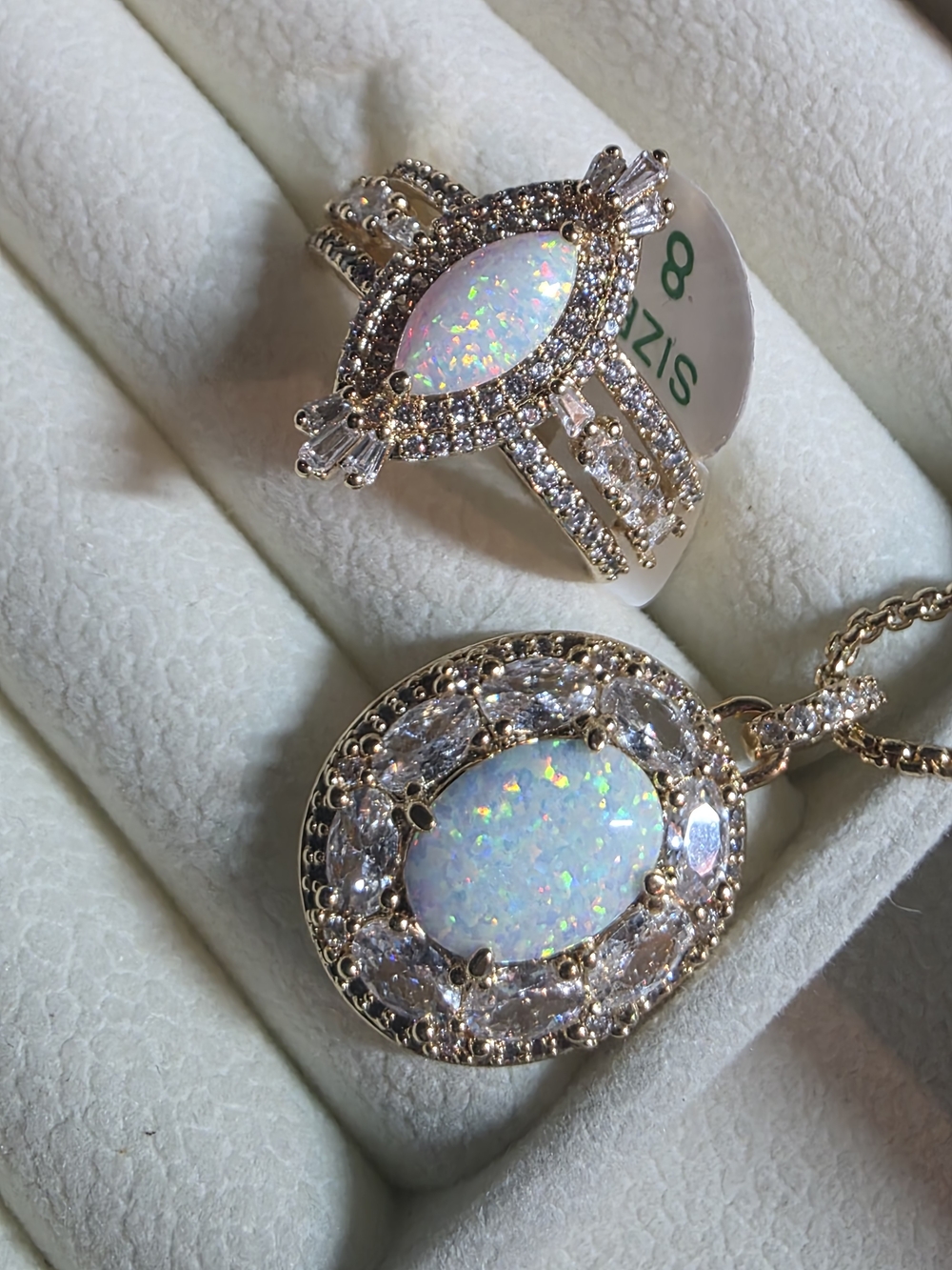 Bomb Party Opal Halo Pendant and Ring Set Sz 8 - Gold Tone